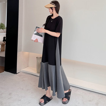 Large size temperament chiffon splicing T-shirt dress summer new loose casual skirt age-reducing personality wear A-line skirt