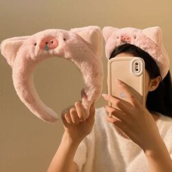 Piggy Huhu~ Cute Pink Plush Hair Tie Headband for Women, Face Washing, Makeup, Hair Pressing, Hair Accessory, Headwear for Autumn and Winter