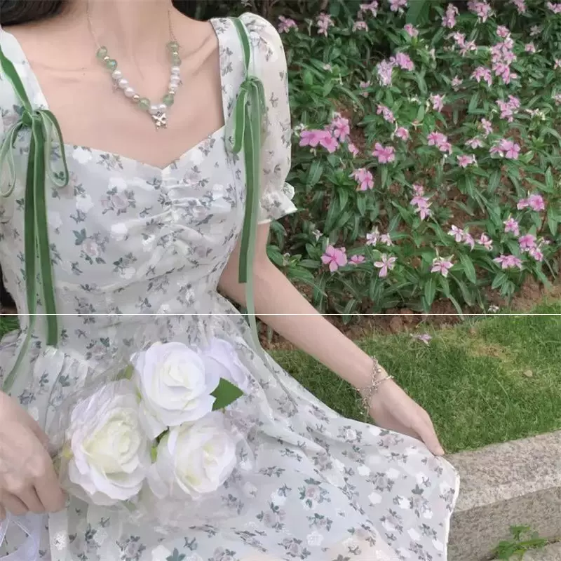 松本丧丧山茶花短袖连衣裙仙女感碎花收腰气质小仙女