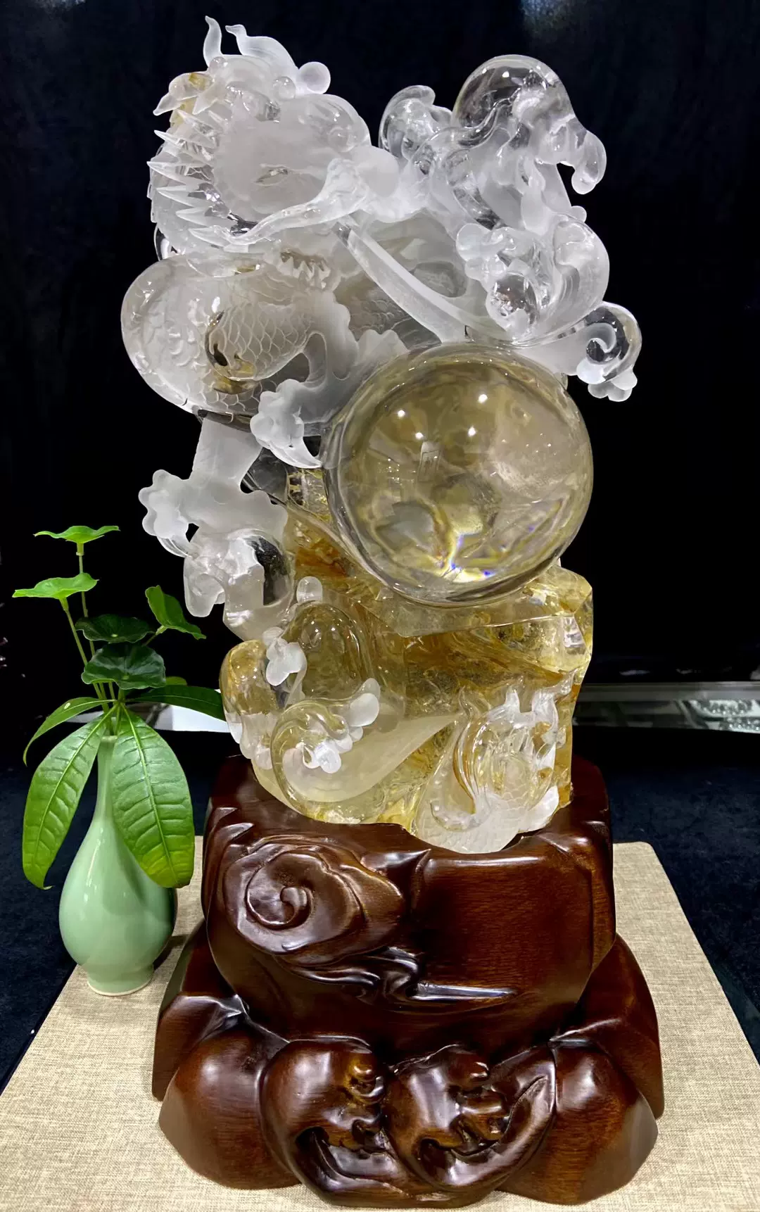 純天然白水晶龍擺件生肖龍手工雕刻龍球黃膠花水晶單龍戲珠- Taobao