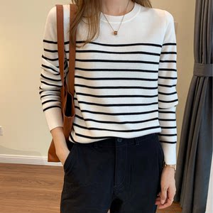 
European station European goods spring, autumn and winter loose thin black and white striped round neck cashmere sweater women's knitted bottoming short sweater