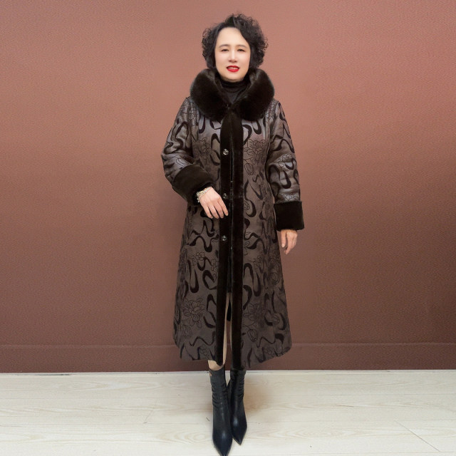 High-end fur one-piece winter velvet thickened hooded double-sided knee-length warm fur coat for women