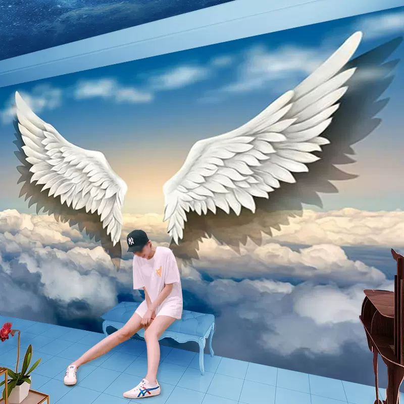 3d立體天使羽毛翅膀壁紙網紅奶茶店舞蹈室美容院拍照打卡