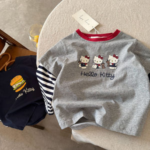 
Children's T-shirt Fake Two-piece Autumn 2025 New Style Boys and Girls' Clothing Cartoon Top Striped Baby Bottom Shirt Long Sleeve