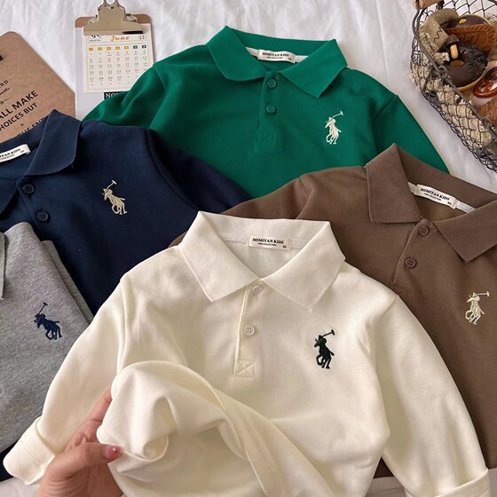 
Children's POLO shirt long-sleeved men's autumn style children's solid color POLO top trendy brand baby lapel T-shirt women's style