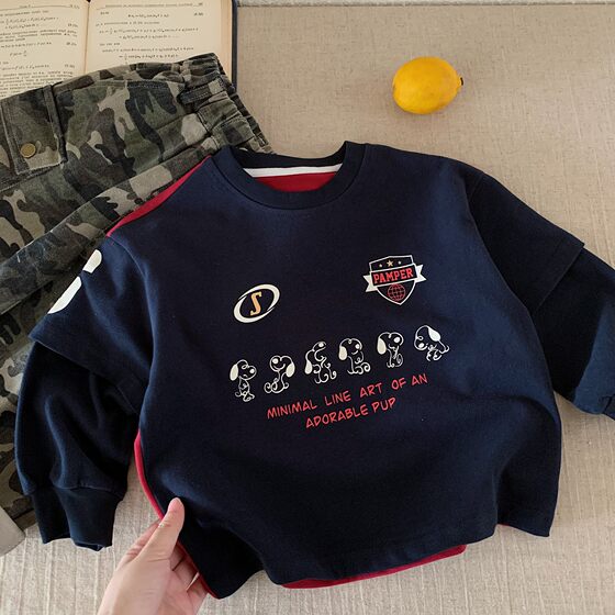
Children's letter sweatshirt for men in autumn new children's clothing cartoon top long sleeve baby fake two-piece T-shirt for women