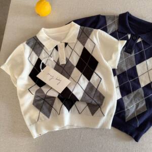 
Children's short-sleeved men's 2026 summer new style children's knitted plaid POLO shirt baby college style sweater women's thin