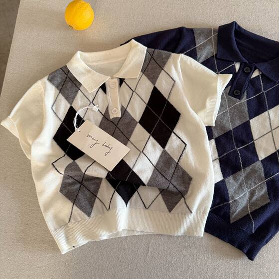 
Children's short-sleeved men's 2026 summer new style children's knitted plaid POLO shirt baby college style sweater women's thin