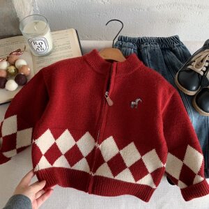 
Children's New Year Sweater Men's Festive Winter Children's New Year's Knitted Cardigan Diamond Baby Red Jacket Women's Thickened