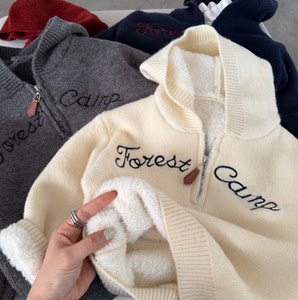 
Children's fleece sweater hooded boy's winter pullover children's letter clothes baby sweater women's thickened