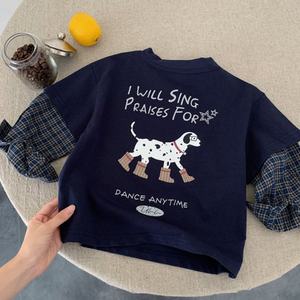 
Children's T-shirt long-sleeved 2026 spring and autumn boys' fake two-piece striped cartoon top baby casual bottoming shirt for women