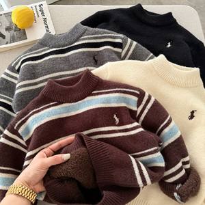 
Children's sweater men's mink velvet winter children's clothing solid color pullover baby striped bottoming sweater women's plus velvet