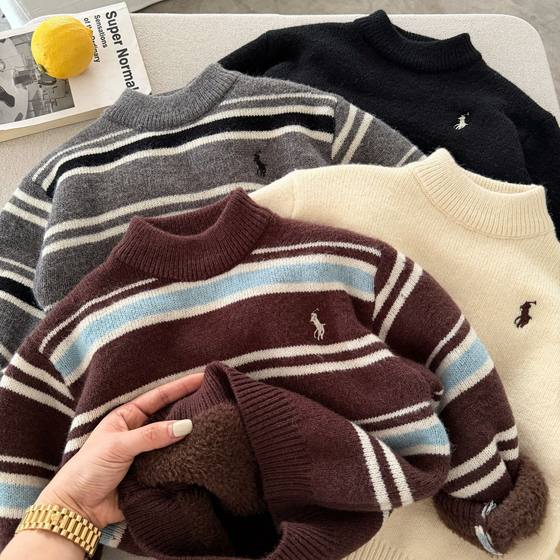 
Children's sweater men's mink velvet winter children's clothing solid color pullover baby striped bottoming sweater women's plus velvet