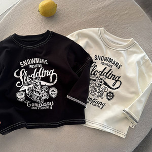 
Children's cartoon T-shirt men's long-sleeved autumn style children's letter tops fashionable baby bottoming shirt women's fake two pieces