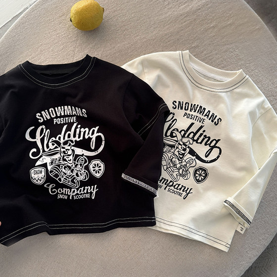 
Children's cartoon T-shirt men's long-sleeved autumn style children's letter tops fashionable baby bottoming shirt women's fake two pieces