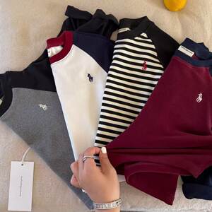 
Children's Australian velvet bottoming shirt, long-sleeved T-shirt, men's autumn and winter, children's contrasting raglan sleeves, striped trendy baby girl's plus velvet