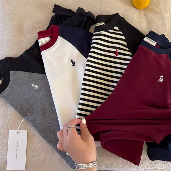 
Children's Australian velvet bottoming shirt, long-sleeved T-shirt, men's autumn and winter, children's contrasting raglan sleeves, striped trendy baby girl's plus velvet