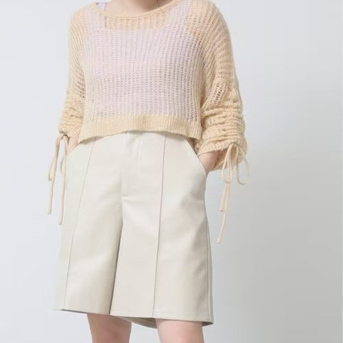 
New Japanese single spring and summer new fashionable snap buttons fashionable and versatile half elastic waist-shaped leather pants and shorts for women 28980