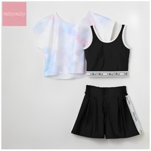 
Daily single girls swimsuit sun protection heart-shaped letter tie-dye printing off-shoulder shirt + vest + shorts suit 30458