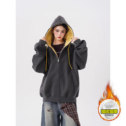 480g Heavyweight Fleece-Lined Stiff Boxy Unisex High Street Two-Tone Hooded Sweatshirt Cardigan Jacket with Printed Logo