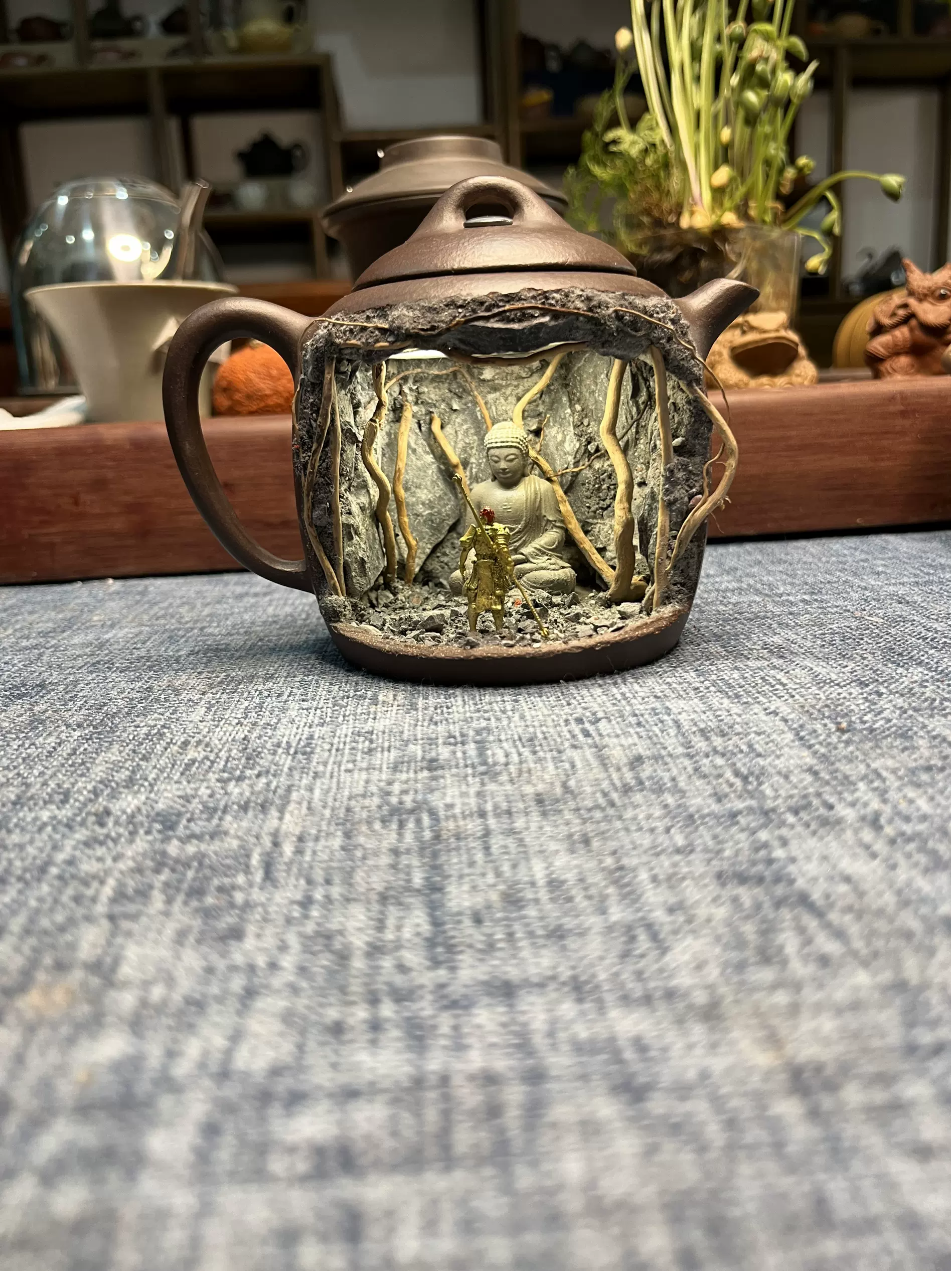 紫砂微景观茶壶可充电三色灯紫砂壶悟空如来造景茶具