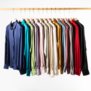 OL style silk elastic plain crepe satin surface mulberry silk simple and luxurious long sleeved square neck shirt for women commuting in spring and autumn