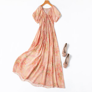 
Oil painting skirt! V-neck mulberry silk silk high waist floral pink orange white-colored extended dress vacation long skirt
