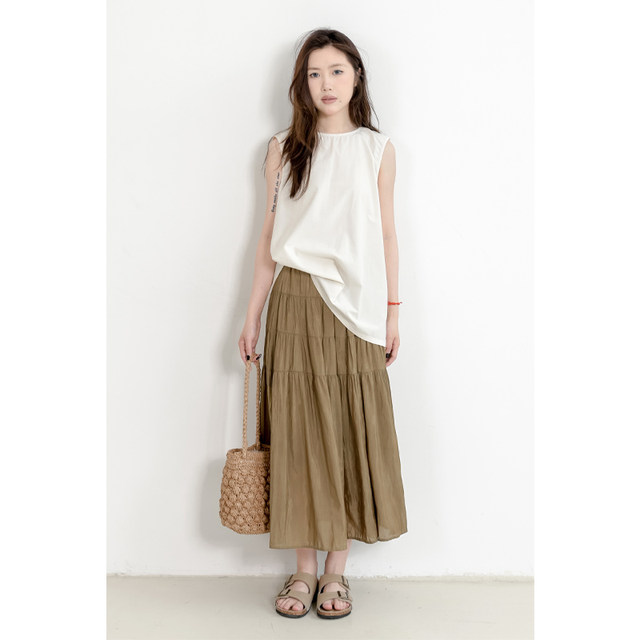 KNgs summer retro simple gentle style drooping solid color elastic waist splicing long skirt cake skirt women's skirt