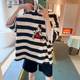 AMYOYOJA Korean new style autumn super fashionable black and white striped embroidered cartoon silhouette parting sleeves for women