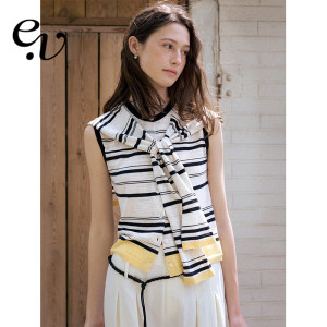 
Even Vintage linen blend classic fashion contrast striped design sleeveless shawl vest summer new