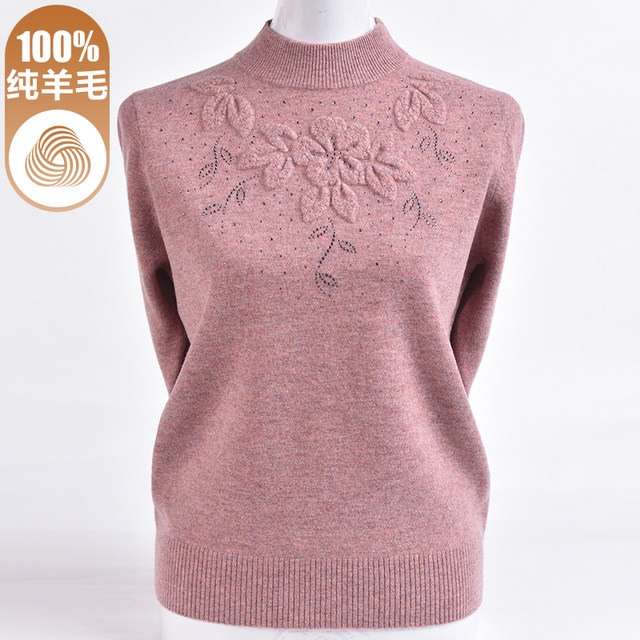 100% pure wool sweater for women, fashionable mother's thick sweater, autumn and winter clothing, large size knitted bottoming sweater for middle-aged and elderly women