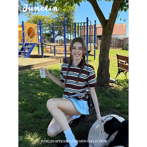 
June Lin Korean blogger's same style striped polo collar T-shirt women's summer high-waist pleated ruffled A-line pleated skirt