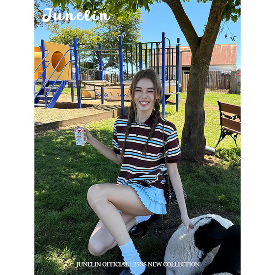 
June Lin Korean blogger's same style striped polo collar T-shirt women's summer high-waist pleated ruffled A-line pleated skirt