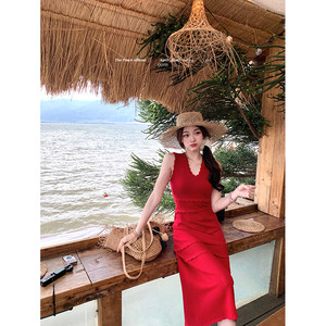 
thepeachoffical[United States Lady] French V-neck Slim Knitted Vest Dress Women's Dress