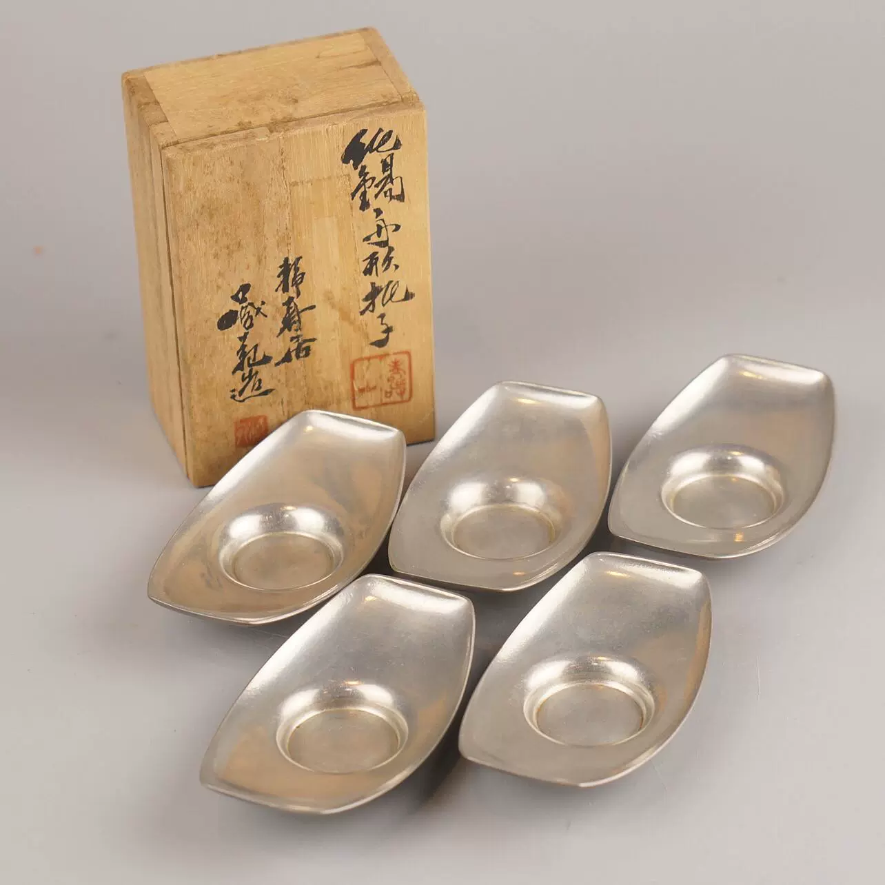 在庫限品★煎茶道具 中国 古玩 錫製 木瓜文彫刻彫茶托 五枚（箱無）唐物 錫製