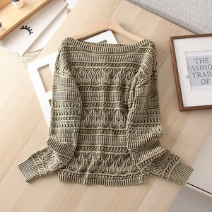 
American single~retro washed boat neck pullover hollow sweater tops for women 2025 new crocheted pullover sweater