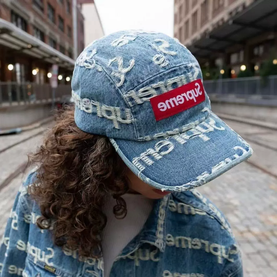 FRAYED LOGOS DENIM CAMP CAP 破洞做旧牛仔弯沿露营帽五片帽子-Taobao