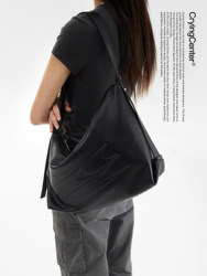 Cryingcenter Oil Wax Black Leather Asymmetrical Crossbody Shoulder Bag Large Capacity Bag for Daily Commuting