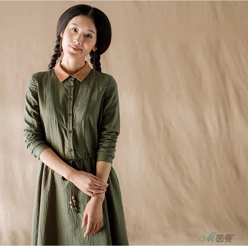 茵曼棉麻女装 2015春装新款文艺范抽绳收腰长袖通勤连衣裙中裙女