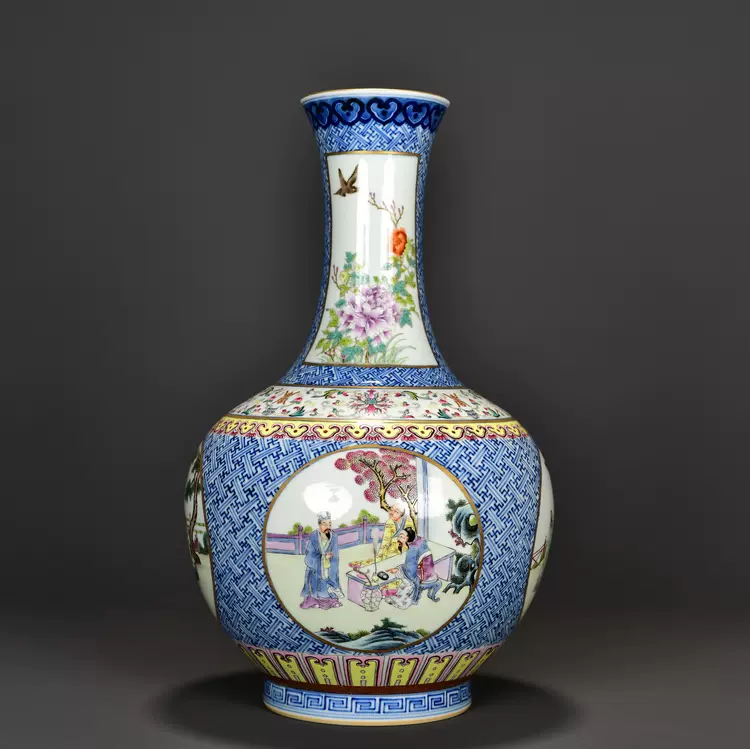 清乾隆青花粉彩人物故事图赏瓶海外回流古董古瓷器收藏20515