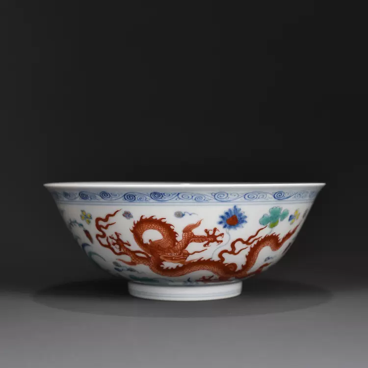 ▽鴻▽ 明 宣德年製款 雪花藍 龍紋碗一對 古