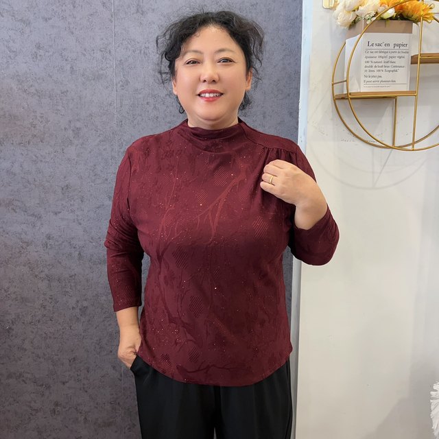 
Asymmetrical design jacquard dark pattern fine flash pullover T-shirt half turtleneck base shirt fashionable elastic long sleeve mother