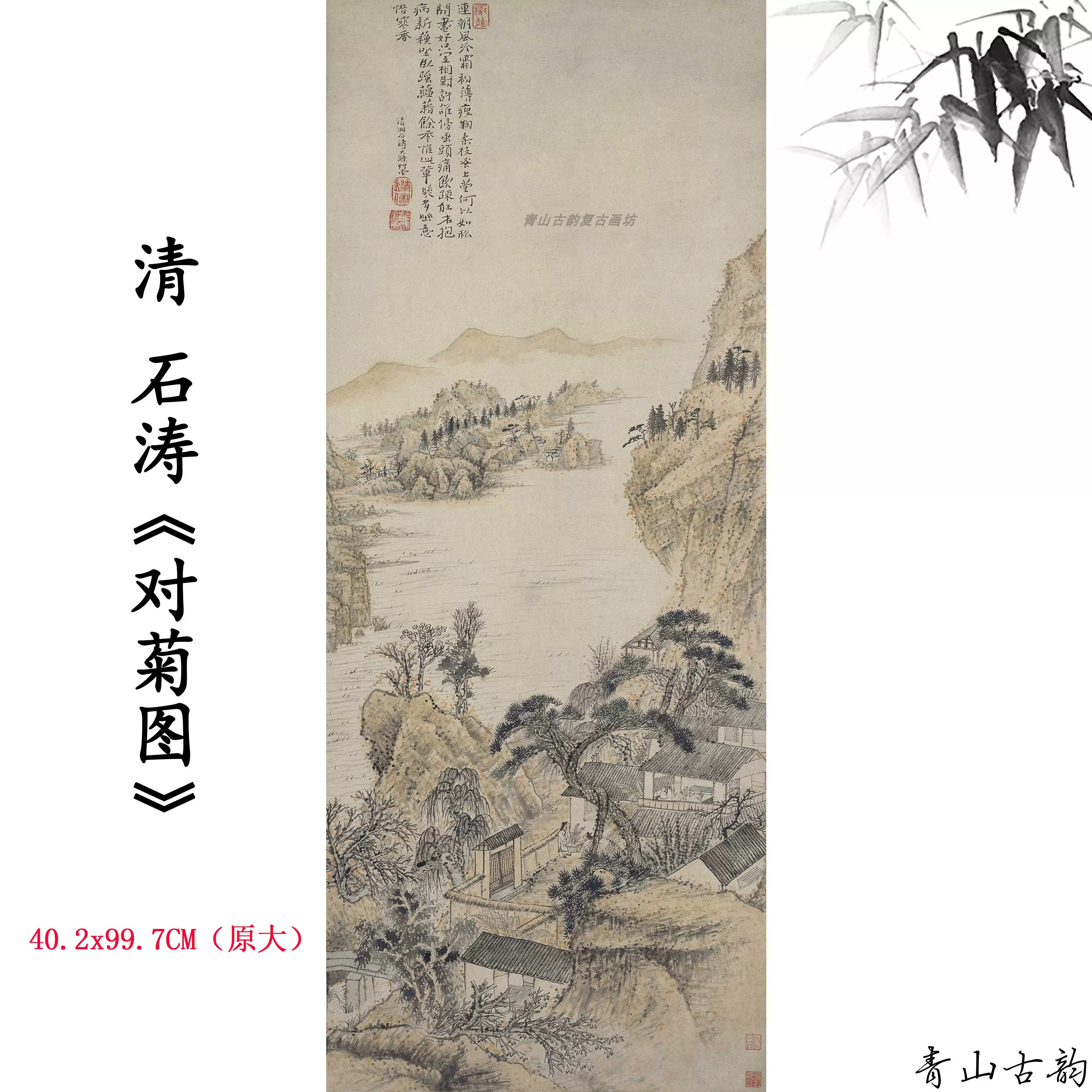 1:1清石濤對菊圖軸立軸掛畫國畫山水畫裝飾畫微噴複製臨摹範本-Taobao