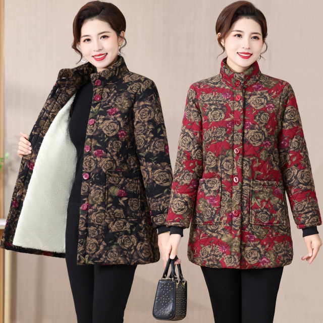 Mother's winter cotton coat, middle-aged and elderly women's medium-length new style cotton jacket, western-style grandma outfit, velvet stand-up collar cotton coat