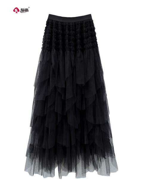 Liban LL668 irregular multi-layer mesh mid-length skirt for women in spring and autumn commuting black skirt soft cake skirt