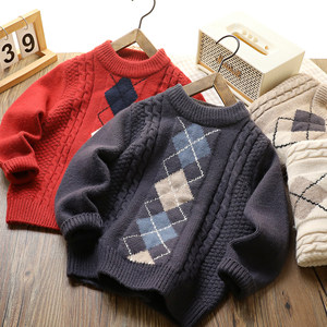 
Boys Sweater Autumn and Winter 2026 New Medium and Large Boys and Children's Clothing Half Turtle Collar Diamond Plaid Jacquard Round Neck Sweater