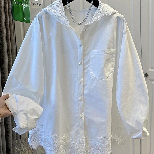 European station splicing fashionable hooded lace hem long sleeve lace shirt women's shirt fashionable loose white jacket
