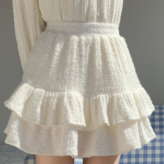 
Mori Girl Tribe's Sweet White A-Line Knitted Skirt Women's Autumn and Winter Versatile Ruffle Skirt High Waist Cake Skirt