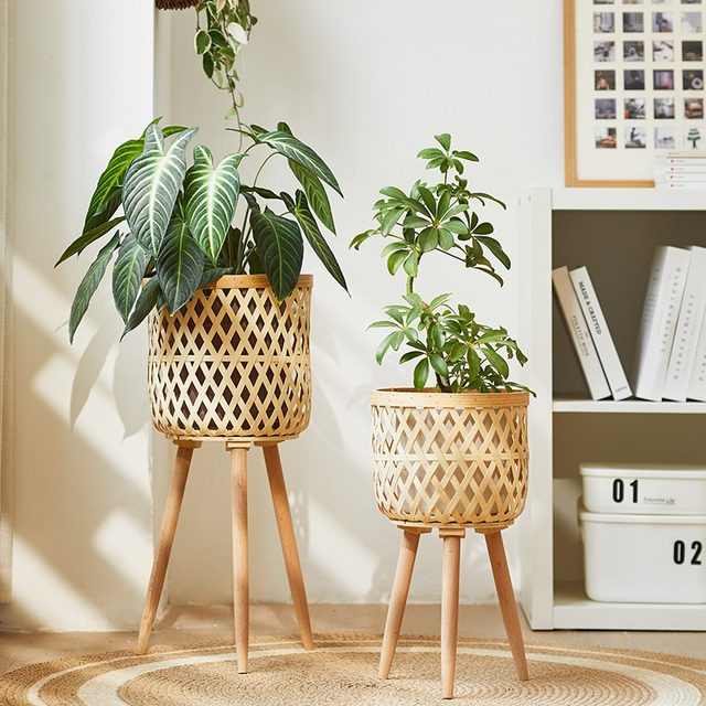 Nordic Bamboo Flowerpot Flower Stand Living Room Plant Flower Basket Decoration Monstera Balcony Ornament Internet Celebrity Floor Stand