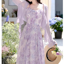 French-Style Purple Floral Dress with Spaghetti Straps and a Matching Cardigan, Two-Piece Set, High-End and Stunning Long Dress